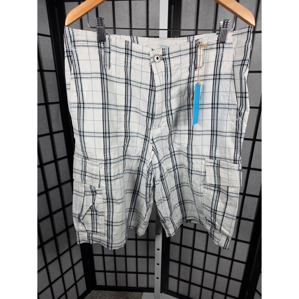 VTG Y2K Kirra Mens Plaid Cargo Shorts White Black Blue Deadstock Size 34